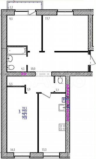3-к. квартира, 75,8 м², 2/3 эт.