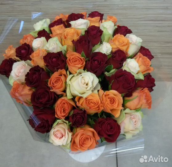 Букет разноцветных роз, Эквадор, 40см 35 шт