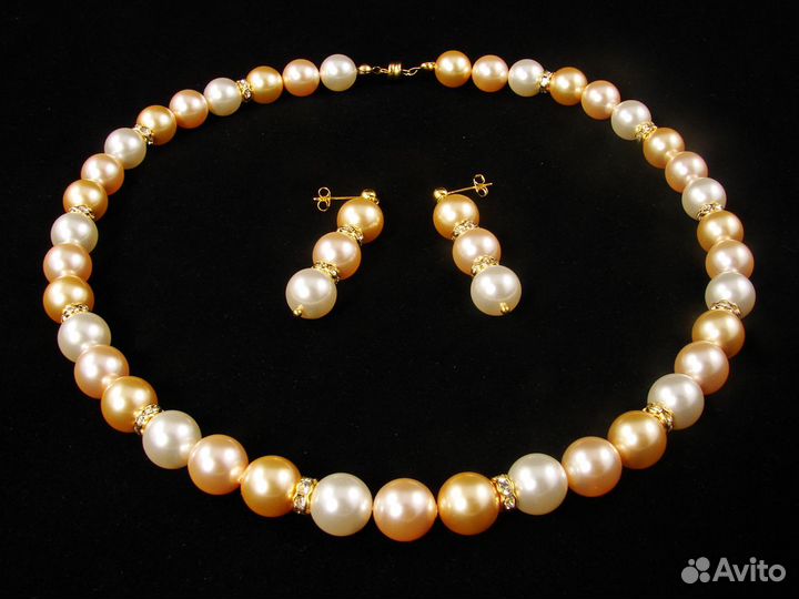 Комплект Жемчуг персик-золото-крем (бусы + серьги)