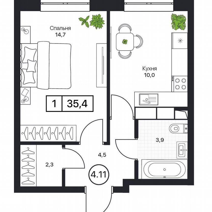 1-к. квартира, 35,4 м², 16/17 эт.