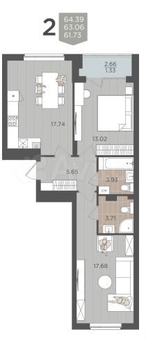 2-к. квартира, 63 м², 1/9 эт.