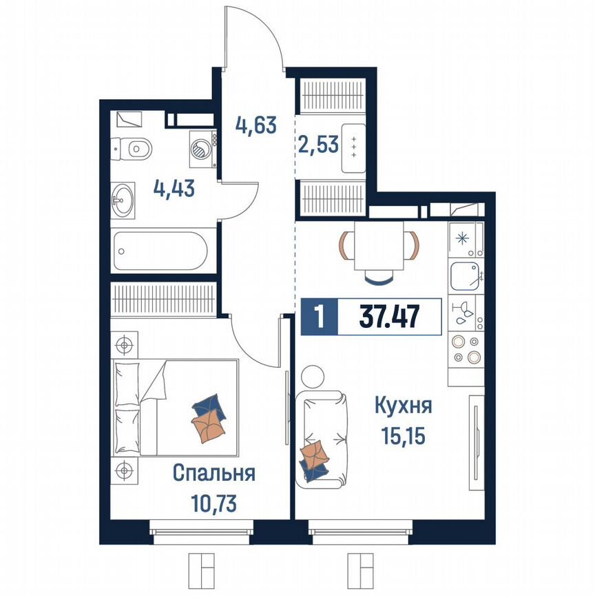 1-к. квартира, 37,5 м², 8/18 эт.