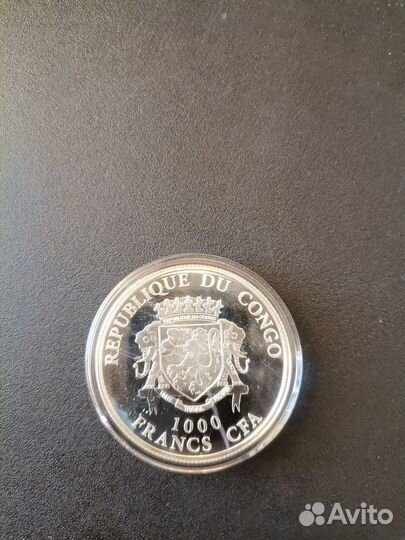 Монета редкая 1000 франков, серебро 999, вес 20 гр