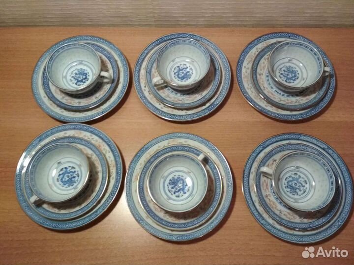 Чайный сервиз. Дракон.Рисовый фарфор.Старый китай