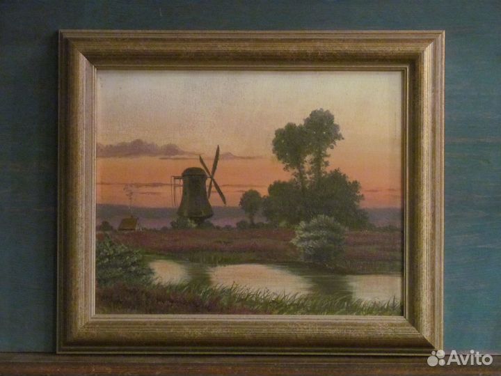 1913 Вечерний Пейзаж с мельницей Живопись маслом