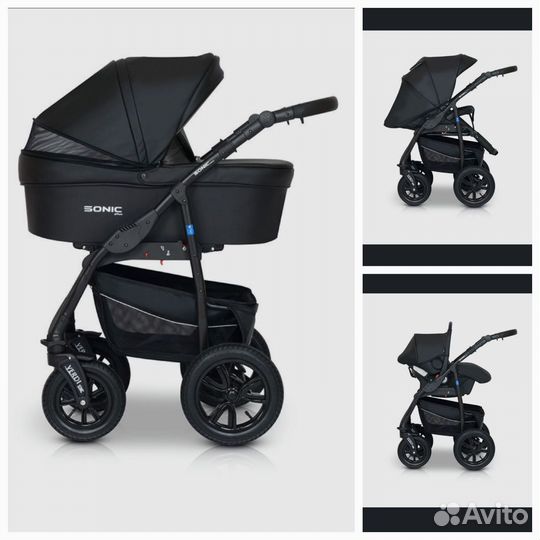 Коляска 3 в 1 Sonic Plus Verdi, экокожа, чёрная