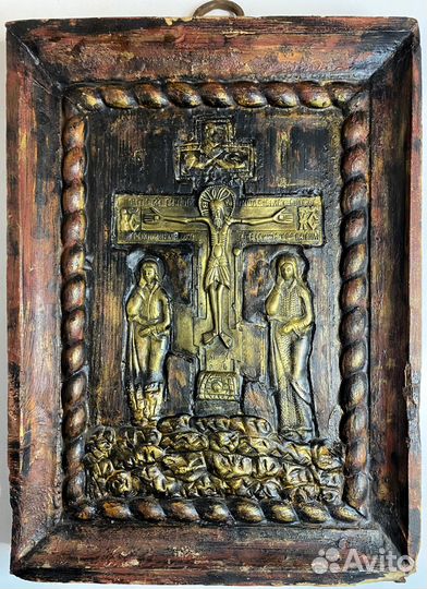 Старинная икона ставротека Голгофа - резьба - лить