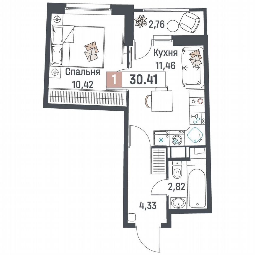 1-к. квартира, 30,4 м², 17/18 эт.
