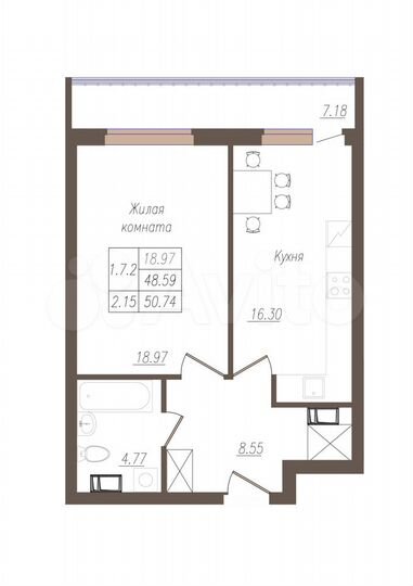 1-к. квартира, 48,6 м², 13/19 эт.