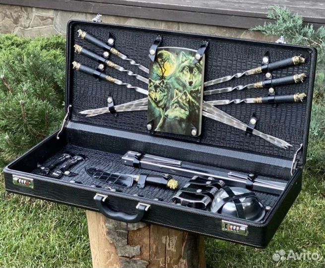 Набор шампуров в кейсе кож/зам + кожа 