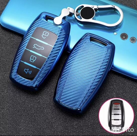 Чехол на не выкидной ключ TPU Haval Dargo, Jolion, F7, F7x carbon blue