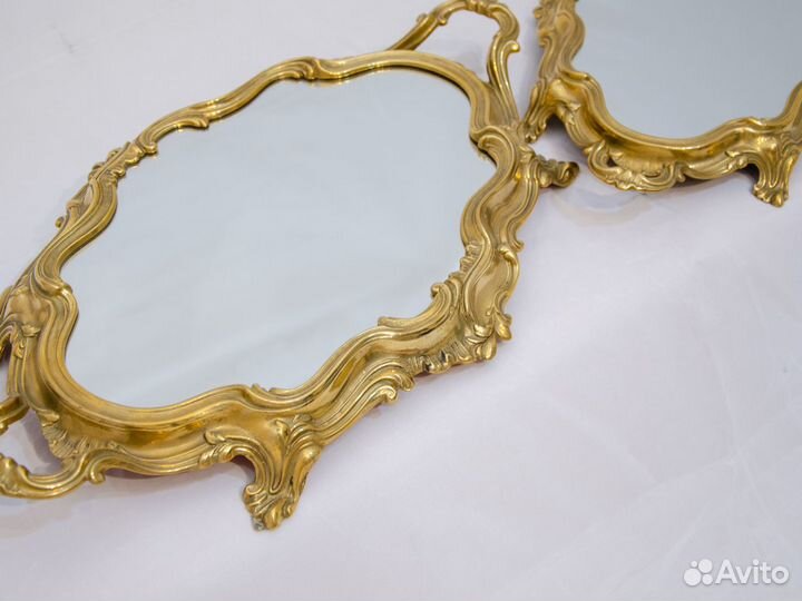 Антикварный зеркальный поднос Латунь