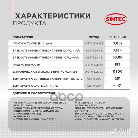 Трансмиссионное масло sintec cvtf multi для