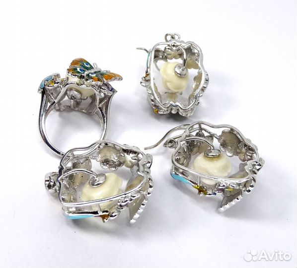 Крупные серебряные серьги, кольцо и кулон