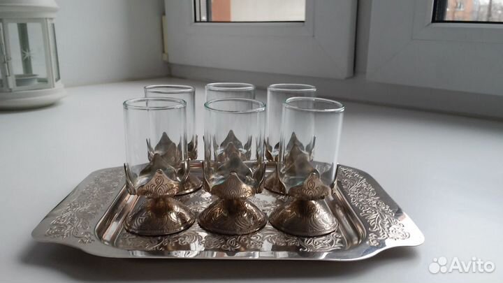 Рюмки с мельхиор. подносом, 80 год, ручная работа