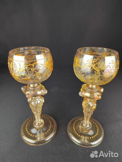 Бокал Рёмер Антикварный стекло позолота эмаль 2 шт