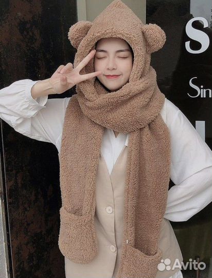 Шапка шарф варежки мишка с ушками 3в1