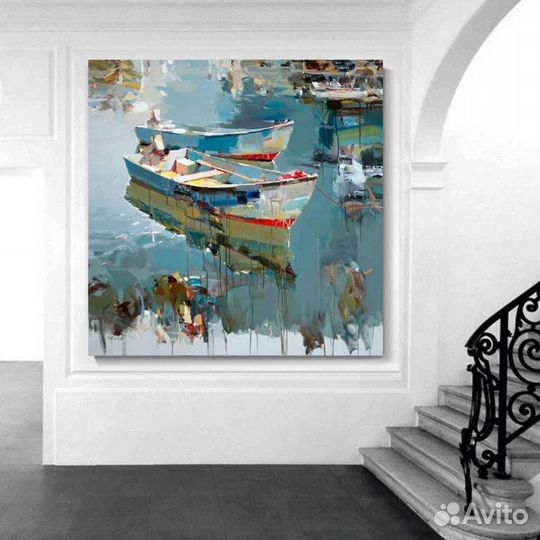 Море Картина Лодки маслом интерьер морской пейзаж