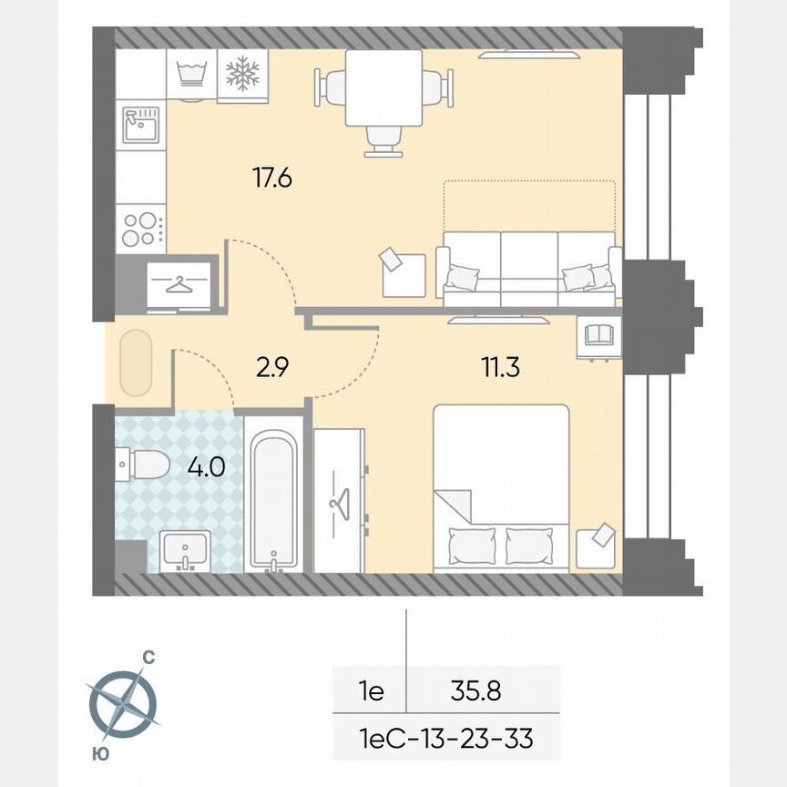 1-к. квартира, 35,8 м², 32/43 эт.