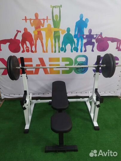 Скамья, стойки, штанга 78 кг