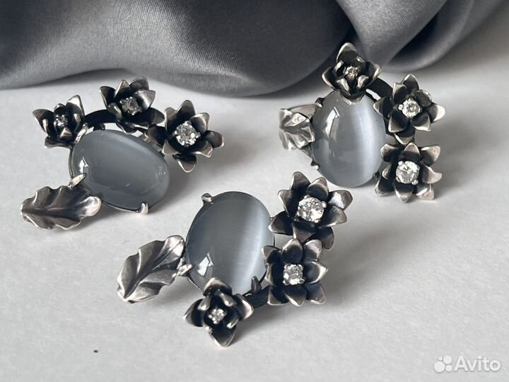 Серебряное кольцо серьги улексит кошайчий глаз