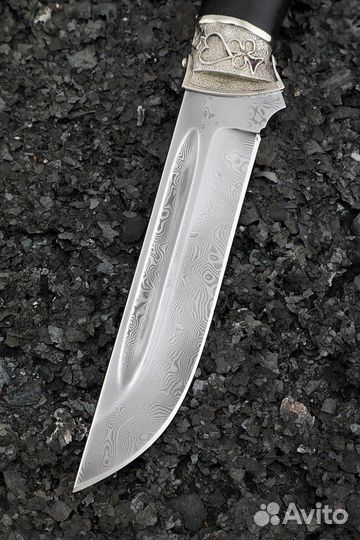 Нож Боец дамаск нержавеющий черный граб мельхиор