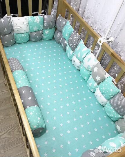 Бортики Бомбон+простынь на резинке+валик