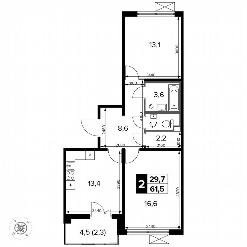 2-к. квартира, 61,5 м², 10/15 эт.