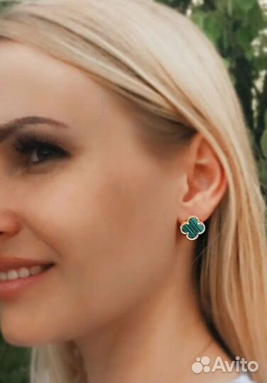 Серьги клевер с малахитом серебро