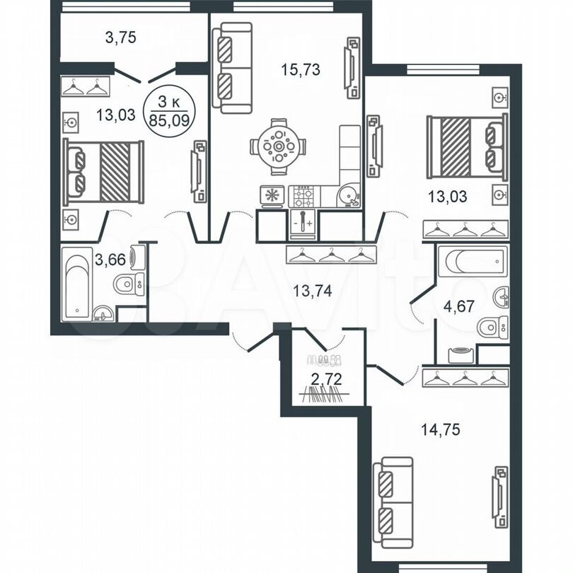 3-к. квартира, 85,1 м², 13/16 эт.