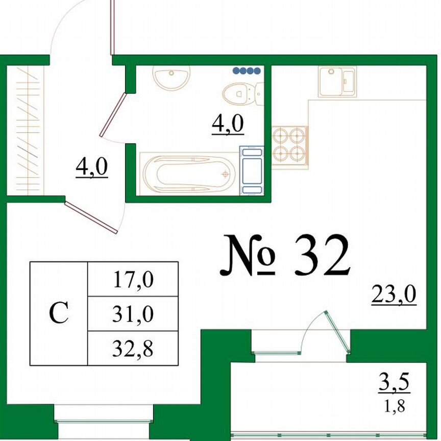 Квартира-студия, 32,8 м², 4/8 эт.