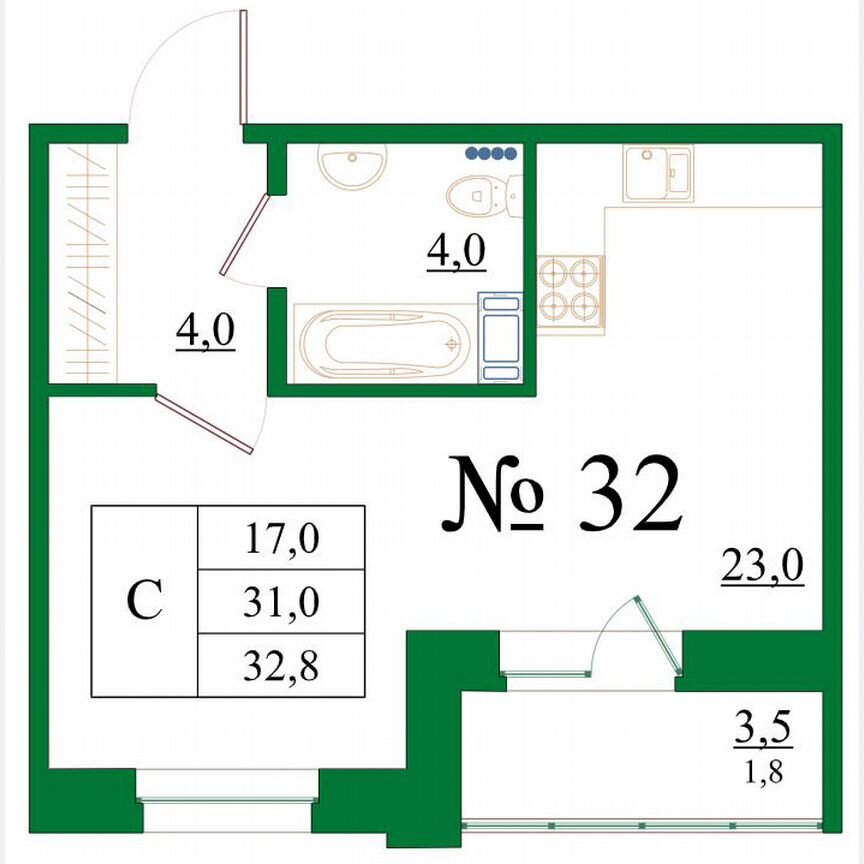 Квартира-студия, 32,8 м², 4/8 эт.