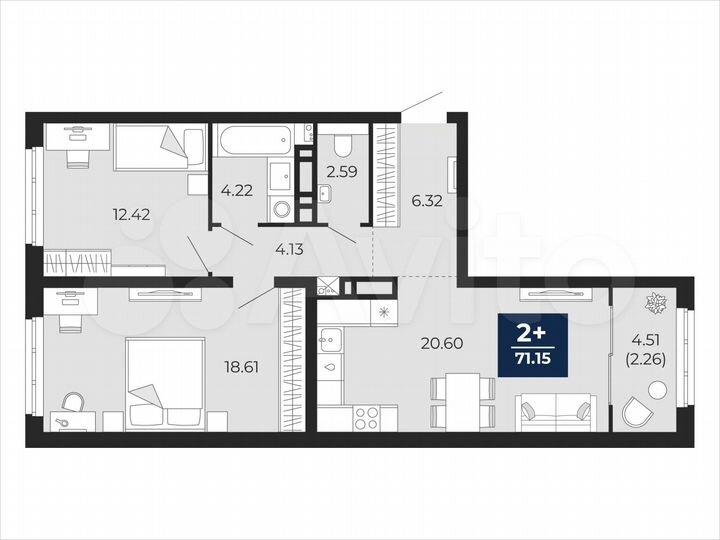 2-к. квартира, 71,2 м², 5/21 эт.