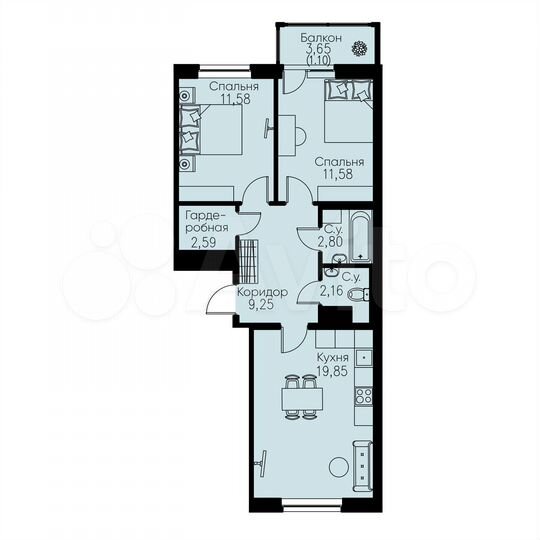 2-к. квартира, 60,9 м², 8/12 эт.