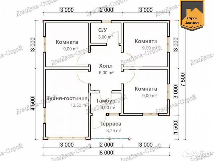 Дачный домик каркасный 8х7,5 м с террасой