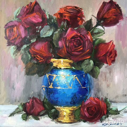 Картина маслом Букет бордовых роз