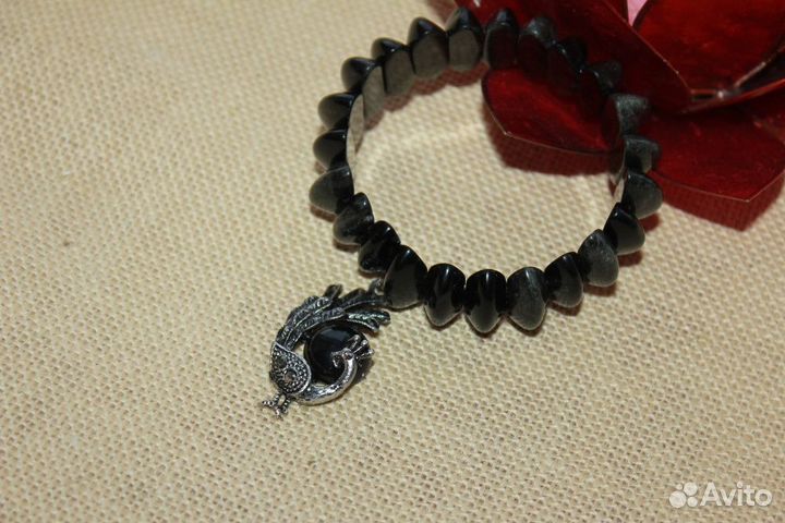Браслет из натурального черного агата с подвеской