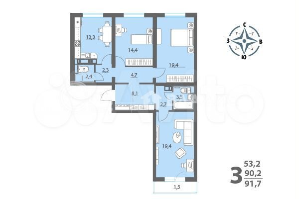 3-к. квартира, 91,7 м², 6/17 эт.