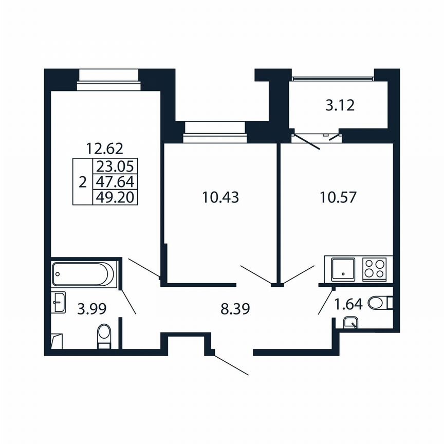 2-к. квартира, 50,8 м², 11/12 эт.