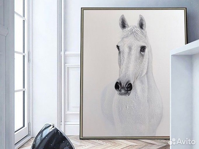 Стильная текстурная картина маслом белая лошадь