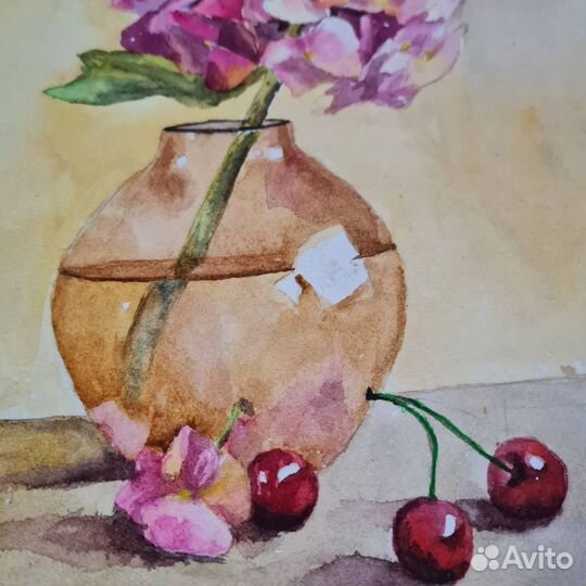 Картина с цветами Гортензия и вишня