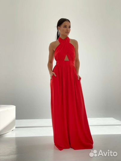 Красный комбинезон с брюками палаццо на завязках