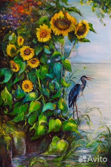 Картина с подсолнухами летний пейзаж маслом 40х60