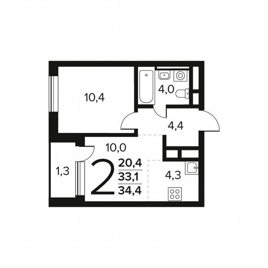 2-к. квартира, 34,4 м², 11/12 эт.