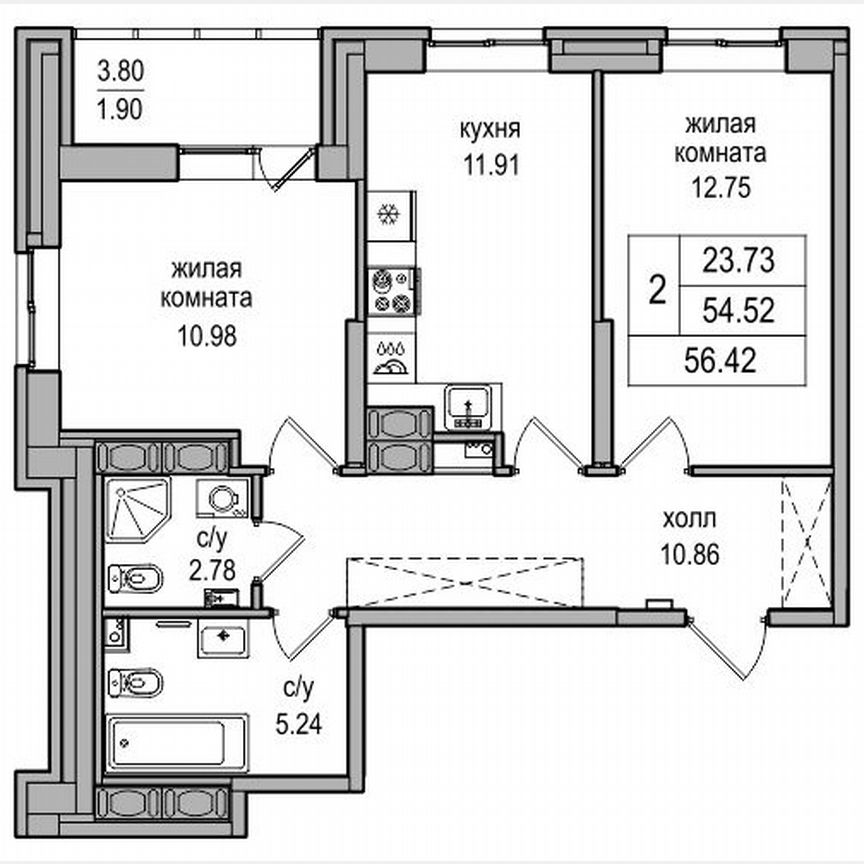 2-к. квартира, 55,3 м², 23/27 эт.