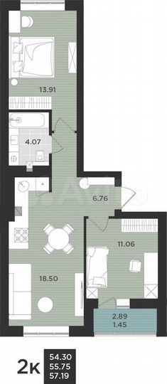 2-к. квартира, 57,2 м², 8/9 эт.