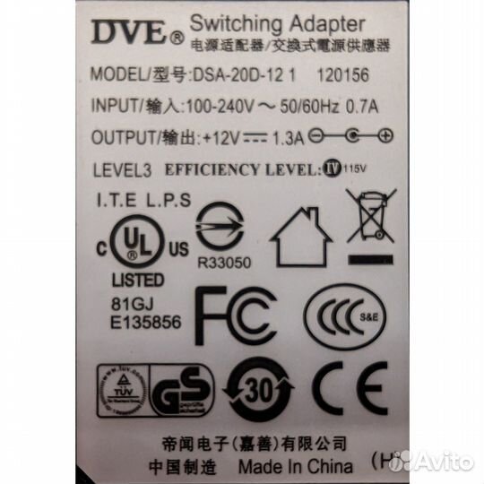 Адаптер питания dsa-20d-12, DVE, 12V 1.3A, 5.5, 2