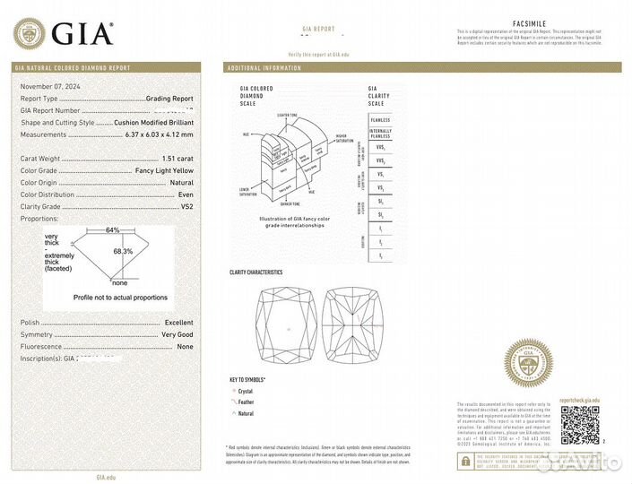 Природный жёлтый бриллиант в огранке кушон 1.51 ct