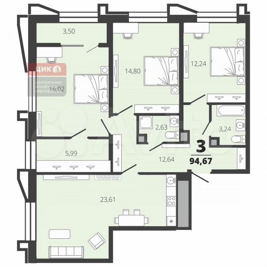 3-к. квартира, 94,7 м², 4/19 эт.