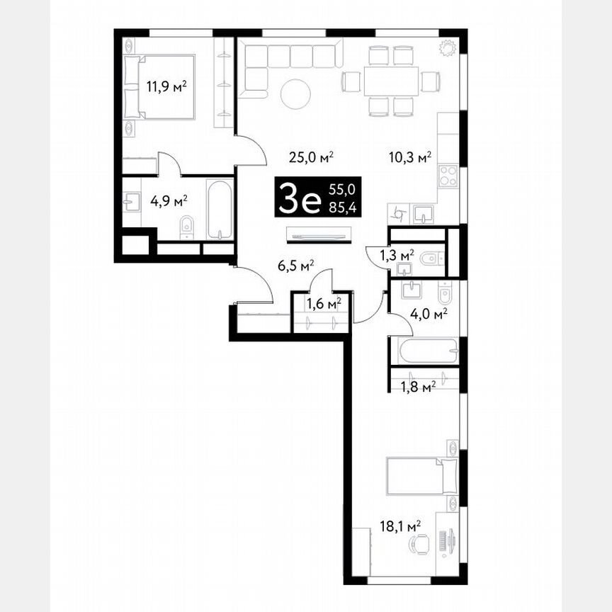 3-к. квартира, 85,4 м², 10/22 эт.